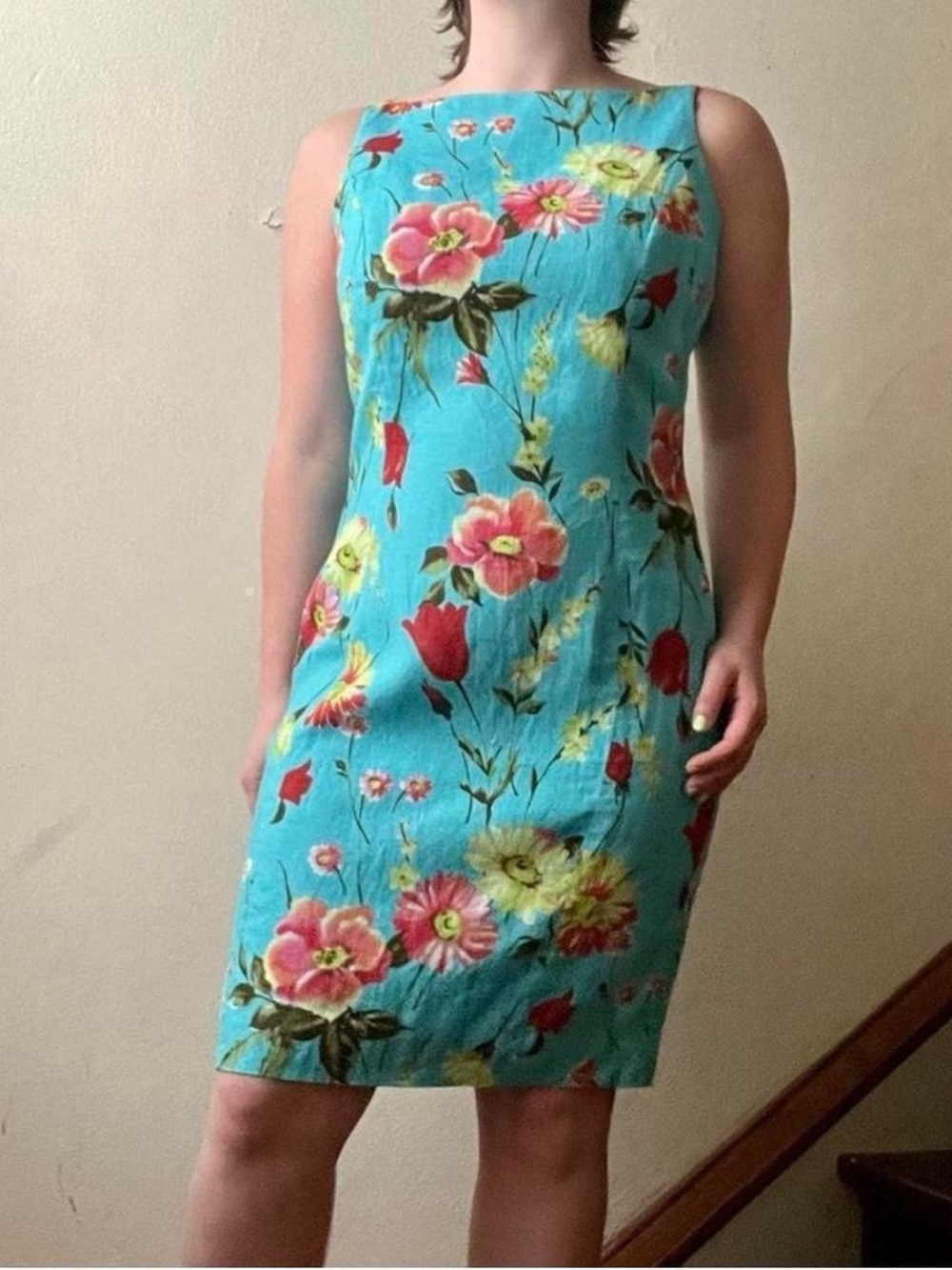 90’s vintage Jones New York bright blue floral print linen shift dress - Picture 4 of 8